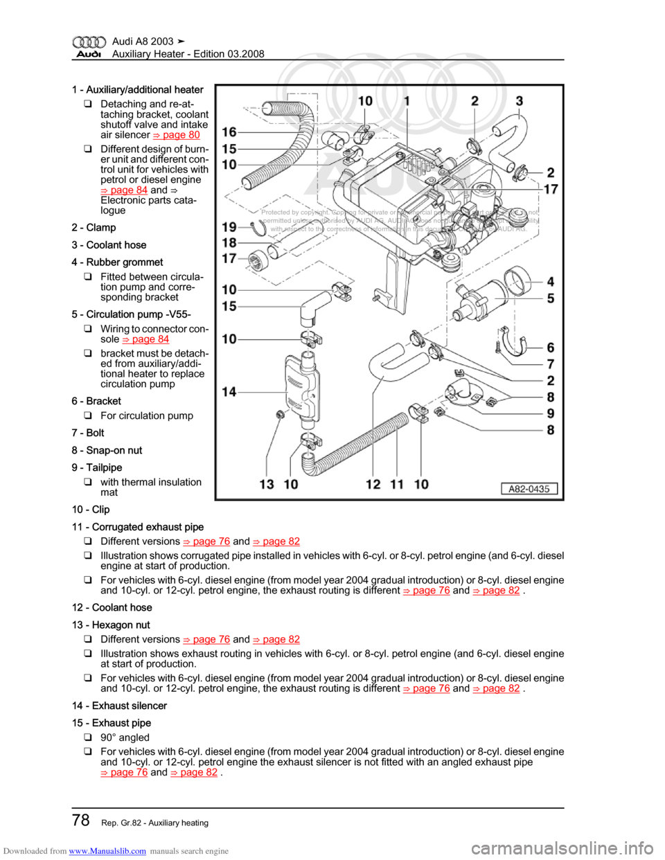 AUDI A8 2003 D3 / 2.G Auxiliary Heater Manual Online Downloaded from www.Manualslib.com manuals search engine 
Protected by copyright. Copying for private or commercial purposes, in p\
art or in whole, is not 
 permitted unless authorised by AUDI AG. AU
