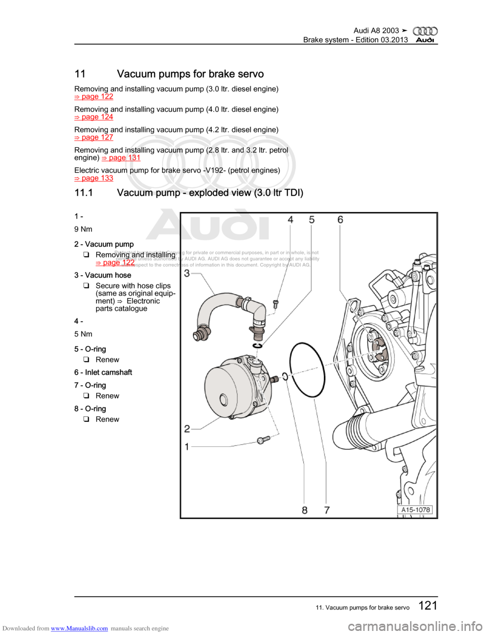 AUDI A8 2003 D3 / 2.G Brake System Workshop Manual Downloaded from www.Manualslib.com manuals search engine 
Protected by copyright. Copying for private or commercial purposes, in p\art or in whole, is not 
 permitted unless authorised by AUDI AG. AU