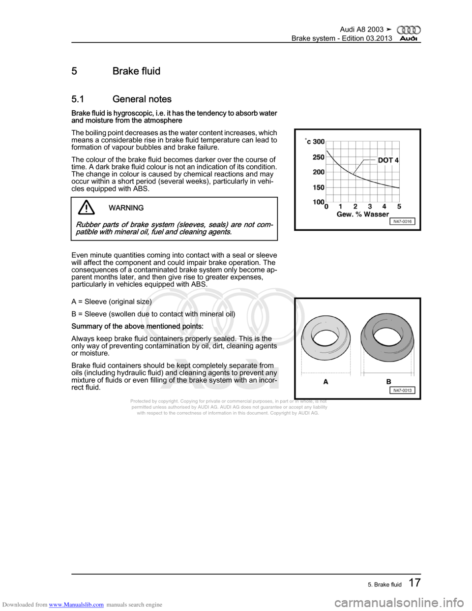 AUDI A8 2003 D3 / 2.G Brake System Owners Manual Downloaded from www.Manualslib.com manuals search engine 
Protected by copyright. Copying for private or commercial purposes, in p\art or in whole, is not 
 permitted unless authorised by AUDI AG. AU