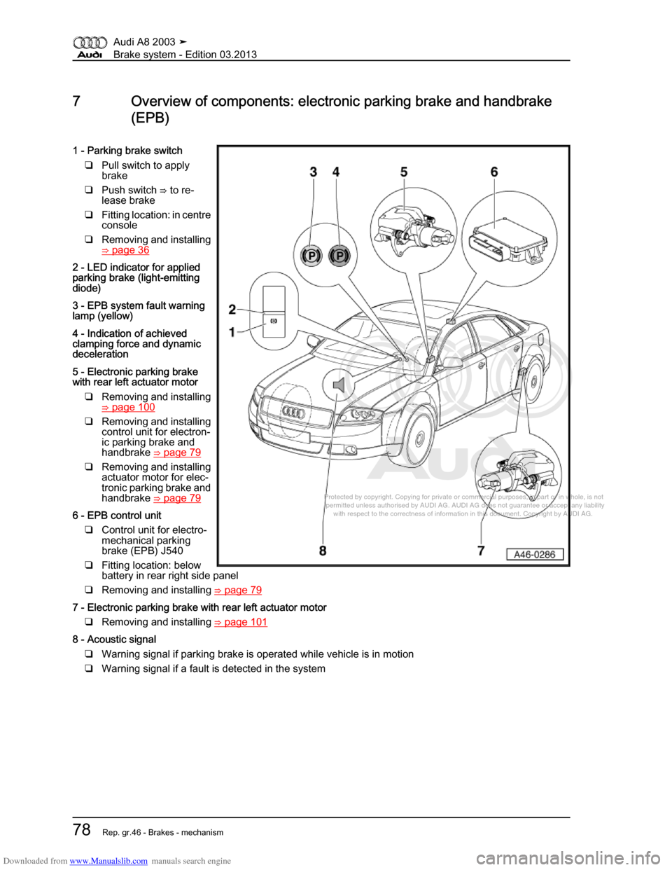 AUDI A8 2003 D3 / 2.G Brake System Manual Online Downloaded from www.Manualslib.com manuals search engine 
Protected by copyright. Copying for private or commercial purposes, in p\
art or in whole, is not 
 permitted unless authorised by AUDI AG. AU