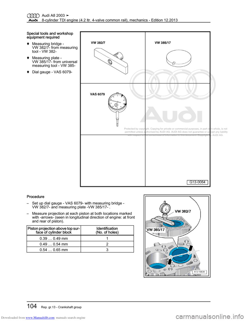 AUDI A8 2003 D3 / 2.G BVN BMC Engines Workshop Manual Downloaded from www.Manualslib.com manuals search engine 
Protected by copyright. Copying for private or commercial purposes, in p\
art or in whole, is not 
 permitted unless authorised by AUDI AG. AU