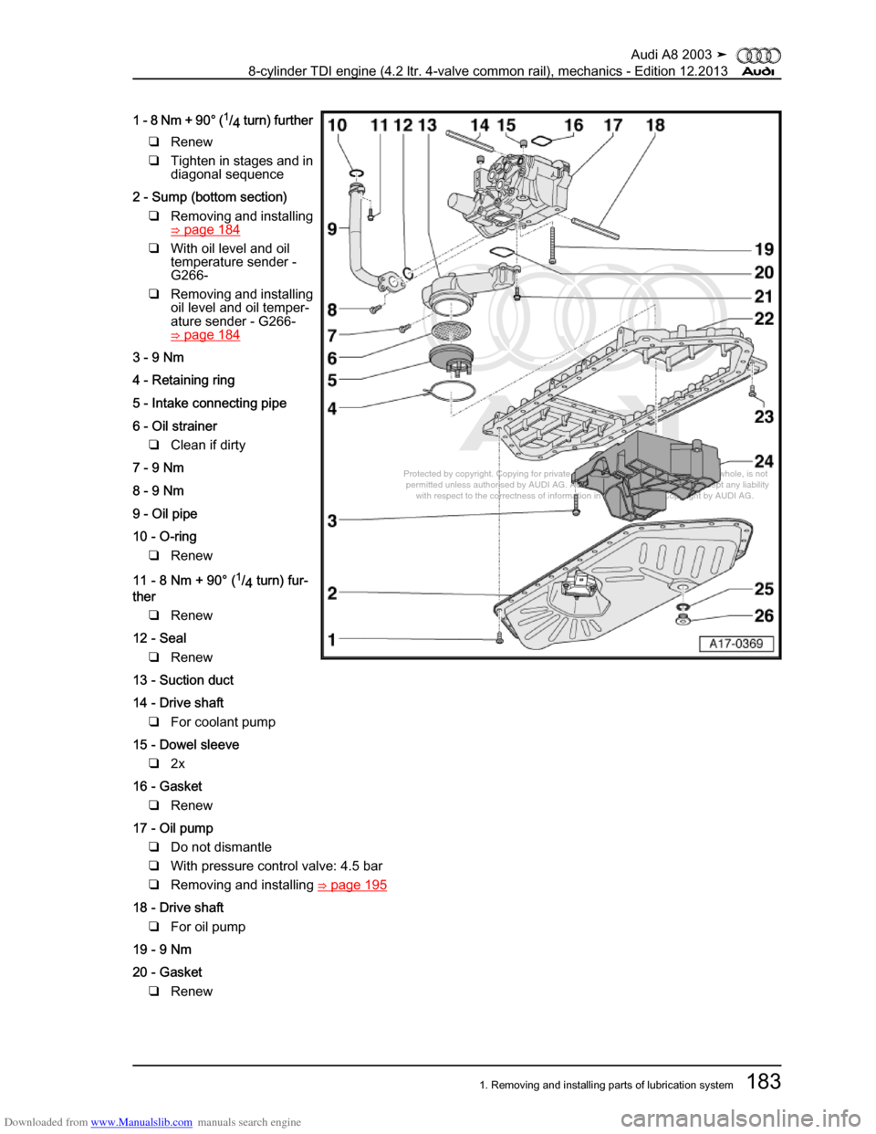 AUDI A8 2003 D3 / 2.G BVN BMC Engines Workshop Manual Downloaded from www.Manualslib.com manuals search engine 
Protected by copyright. Copying for private or commercial purposes, in p\
art or in whole, is not 
 permitted unless authorised by AUDI AG. AU