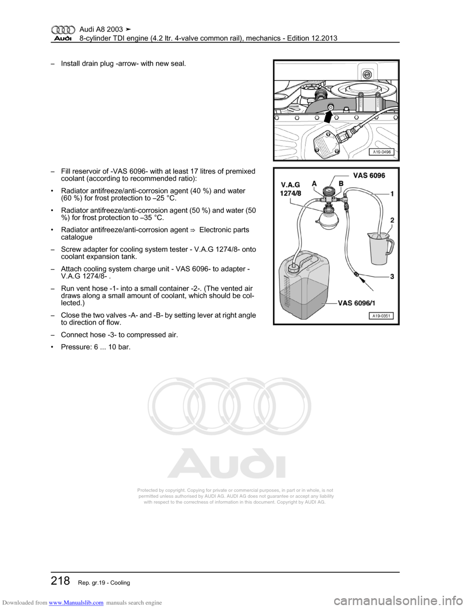 AUDI A8 2003 D3 / 2.G BVN BMC Engines Workshop Manual Downloaded from www.Manualslib.com manuals search engine 
Protected by copyright. Copying for private or commercial purposes, in p\
art or in whole, is not 
 permitted unless authorised by AUDI AG. AU