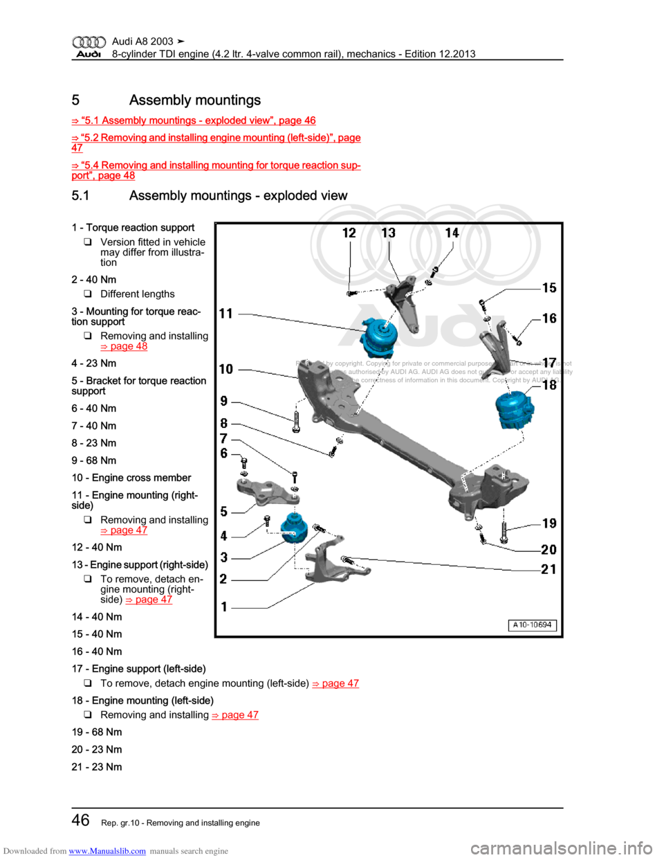 AUDI A8 2003 D3 / 2.G BVN BMC Engines Repair Manual Downloaded from www.Manualslib.com manuals search engine 
Protected by copyright. Copying for private or commercial purposes, in p\art or in whole, is not 
 permitted unless authorised by AUDI AG. AU