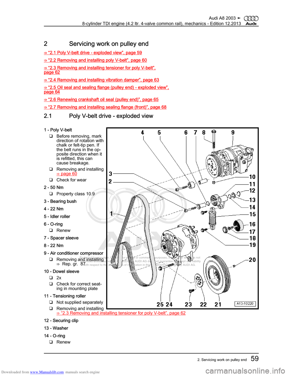 AUDI A8 2003 D3 / 2.G BVN BMC Engines Repair Manual Downloaded from www.Manualslib.com manuals search engine 
Protected by copyright. Copying for private or commercial purposes, in p\
art or in whole, is not 
 permitted unless authorised by AUDI AG. AU