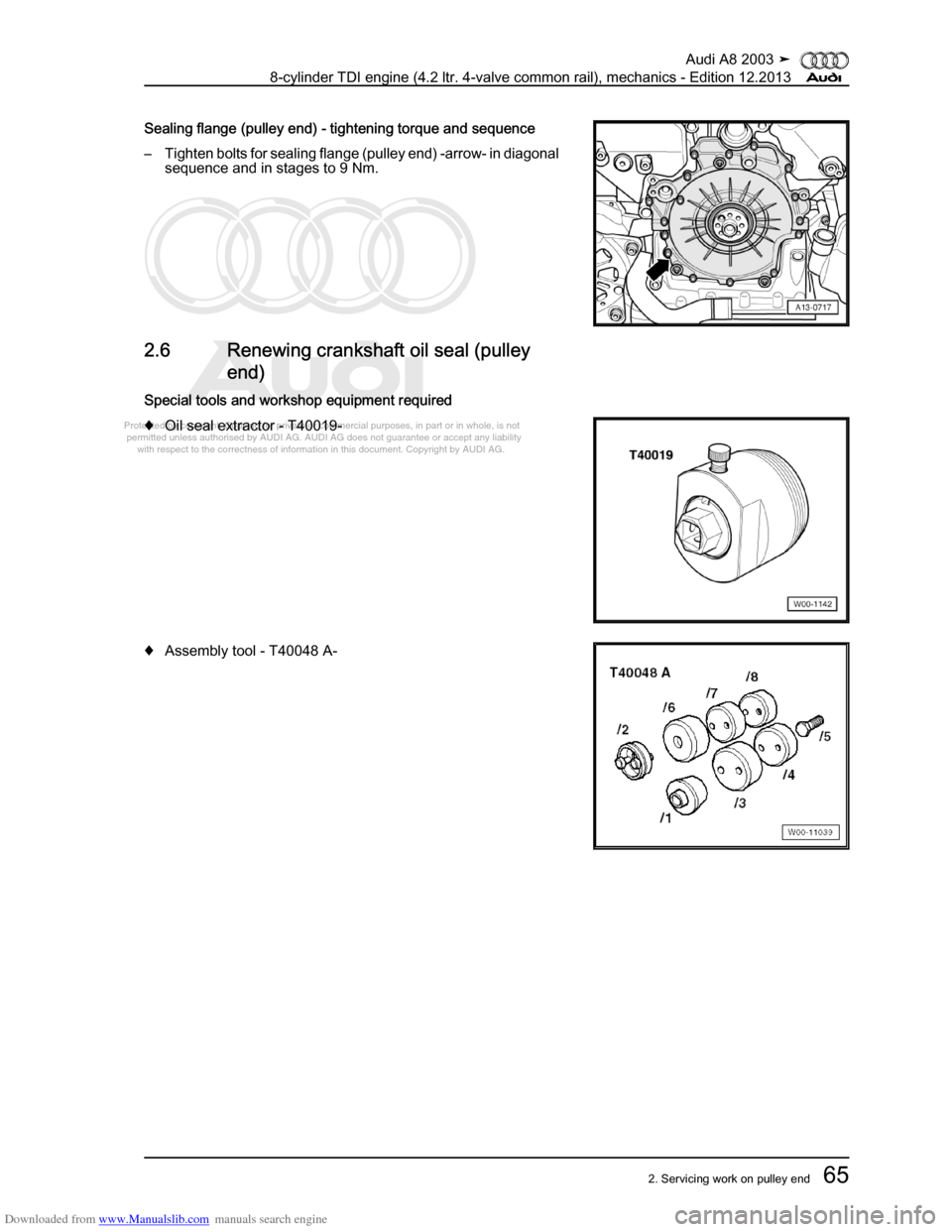 AUDI A8 2003 D3 / 2.G BVN BMC Engines Manual PDF Downloaded from www.Manualslib.com manuals search engine 
Protected by copyright. Copying for private or commercial purposes, in p\
art or in whole, is not 
 permitted unless authorised by AUDI AG. AU