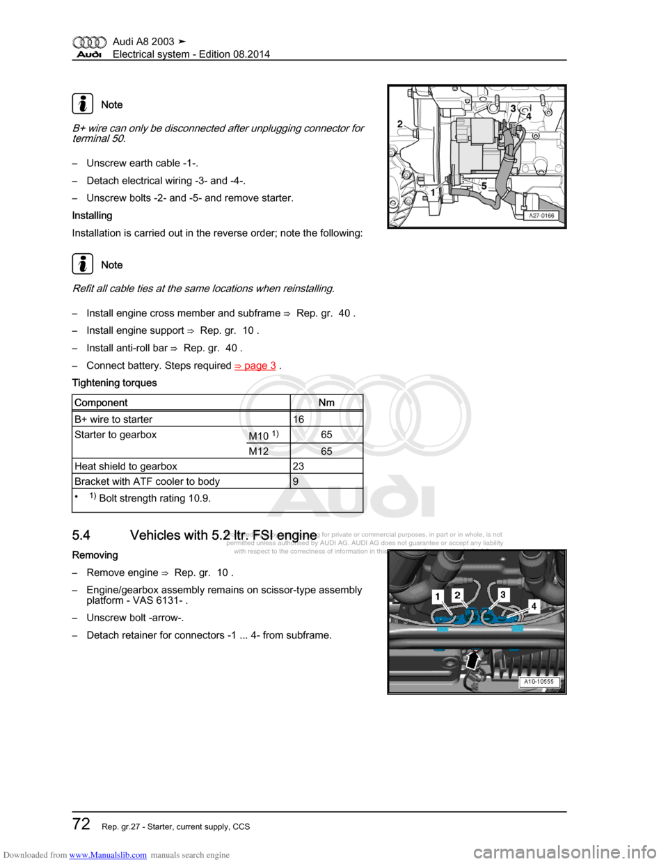 AUDI A8 2003 D3 / 2.G Electrical System Manual Online Downloaded from www.Manualslib.com manuals search engine 
Protected by copyright. Copying for private or commercial purposes, in p\
art or in whole, is not 
 permitted unless authorised by AUDI AG. AU