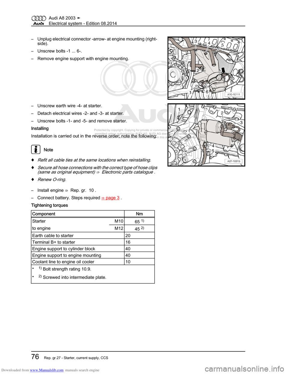 AUDI A8 2003 D3 / 2.G Electrical System Manual Online Downloaded from www.Manualslib.com manuals search engine 
Protected by copyright. Copying for private or commercial purposes, in p\
art or in whole, is not 
 permitted unless authorised by AUDI AG. AU