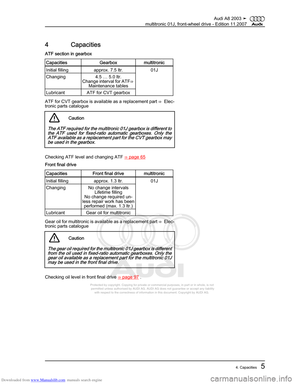 AUDI A8 2003 D3 / 2.G Multitronic System Workshop Manual Downloaded from www.Manualslib.com manuals search engine 
Protected by copyright. Copying for private or commercial purposes, in p\
art or in whole, is not 
 permitted unless authorised by AUDI AG. AU