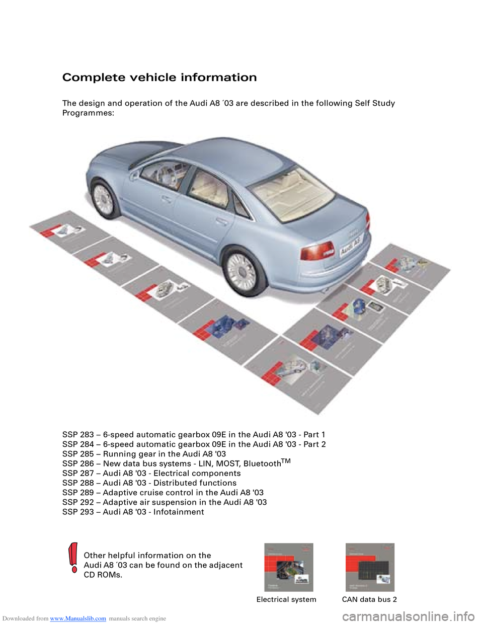 AUDI A8 2003 D3 / 2.G Technical Features Manual Downloaded from www.Manualslib.com manuals search engine Complete vehicle information
The design and operation of the Audi A8 ´03 are described in the following Self Study 
Programmes:
Other helpful 