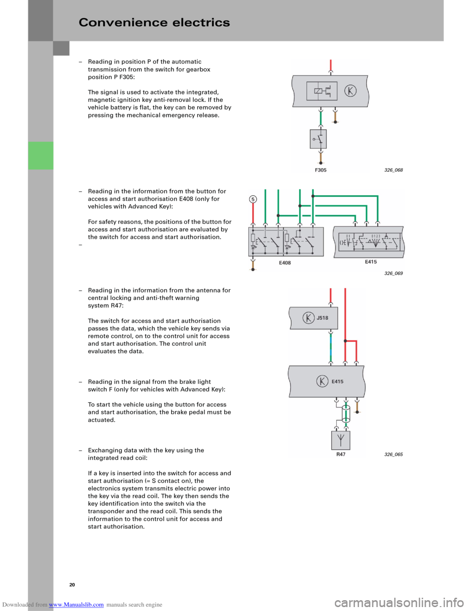 AUDI A6 2005 C5 / 2.G Electrics System Training Manual Downloaded from www.Manualslib.com manuals search engine 20
– Reading in position P of the automatic 
transmission from the switch for gearbox 
position P F305:
The signal is used to activate the in