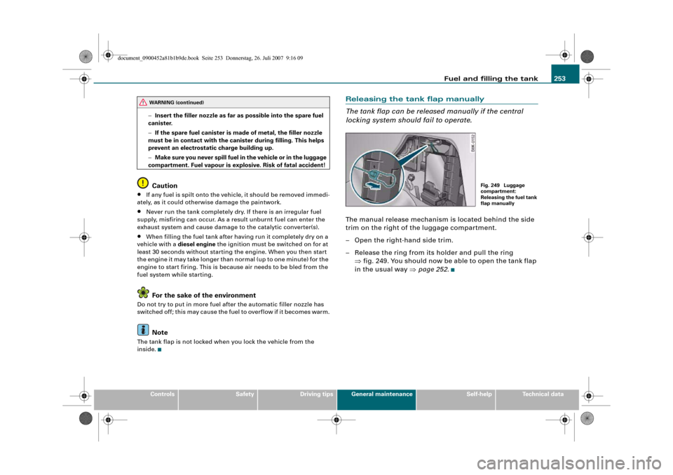 AUDI A4 2008 B8 / 4.G Owners Manual Fuel and filling the tank253
Controls
Safety
Driving tips
General maintenance
Self-help
Technical data −Insert the filler nozzle as far as possible into the spare fuel 
canister.
−If the spare fue