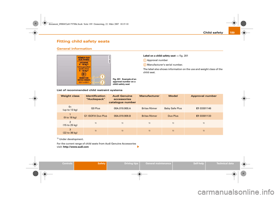 AUDI A5 2008 8T / 1.G Owners Manual Child safety189
Controls
Safety
Driving tips
General maintenance
Self-help
Technical data
Fitting child safety seatsGeneral information
Label on a child safety seat ⇒fig. 201
 Approval number
 Manuf
