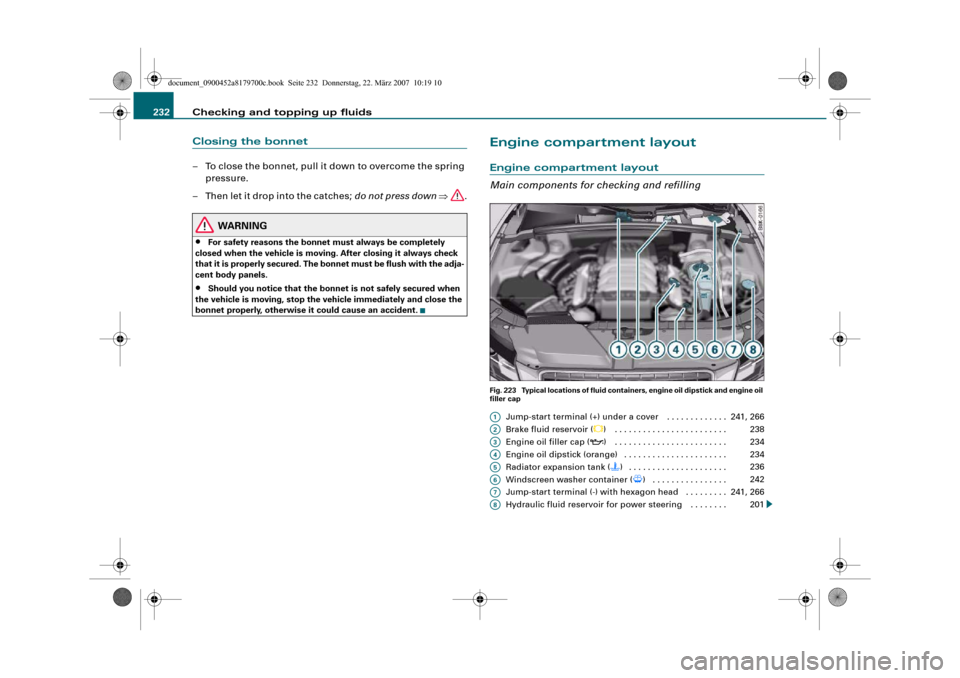 AUDI A5 2008 8T / 1.G Owners Manual Checking and topping up fluids 232Closing the bonnet– To close the bonnet, pull it down to overcome the spring 
pressure.
– Then let it drop into the catches; do not press down ⇒.
WARNING
•
Fo