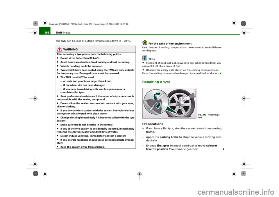 AUDI A5 2008 8T / 1.G User Guide Self-help 258The TMS can be used at outside temperatures down to – 20 °C.
WARNING
After repairing a tyre please note the following points:•
Do not drive faster than 80 km/h.
•
Avoid heavy accel