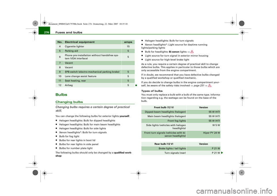 AUDI A5 2008 8T / 1.G Owners Manual Fuses and bulbs 276BulbsChanging bulbs
Changing bulbs requires a certain degree of practical 
skill.You can change the following bulbs for exterior lights yourself:•
Halogen headlights: Bulb for dip