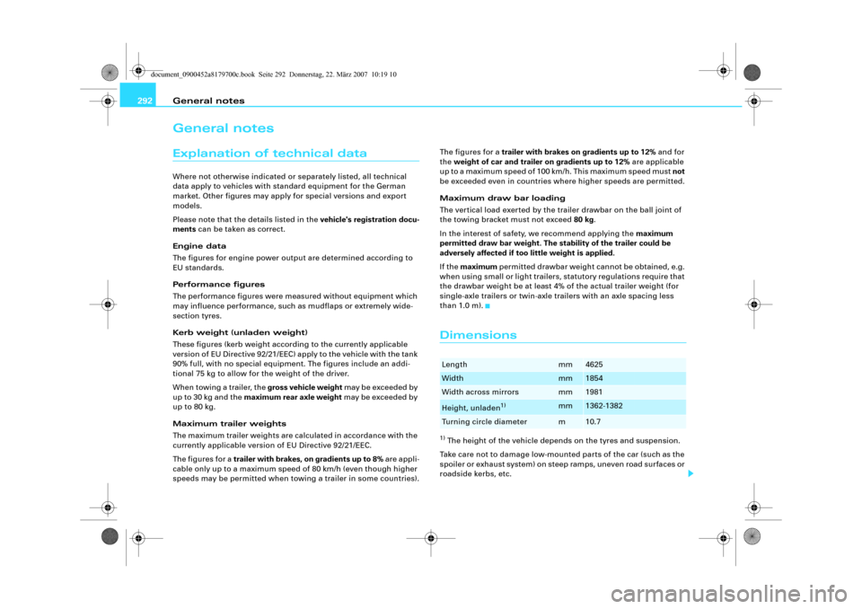 AUDI A5 2008 8T / 1.G Owners Manual General notes 292General notesExplanation of technical dataWhere not otherwise indicated or separately listed, all technical 
data apply to vehicles with standard equipment for the German 
market. Oth