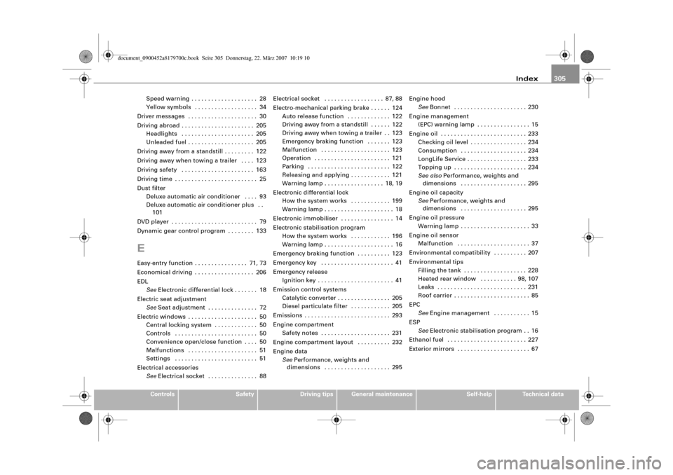 AUDI A5 2008 8T / 1.G Owners Manual Index305
Controls
Safety
Driving tips
General maintenance
Self-help
Technical data Speed warning . . . . . . . . . . . . . . . . . . . . 28
Yellow symbols  . . . . . . . . . . . . . . . . . . . 34
Dri