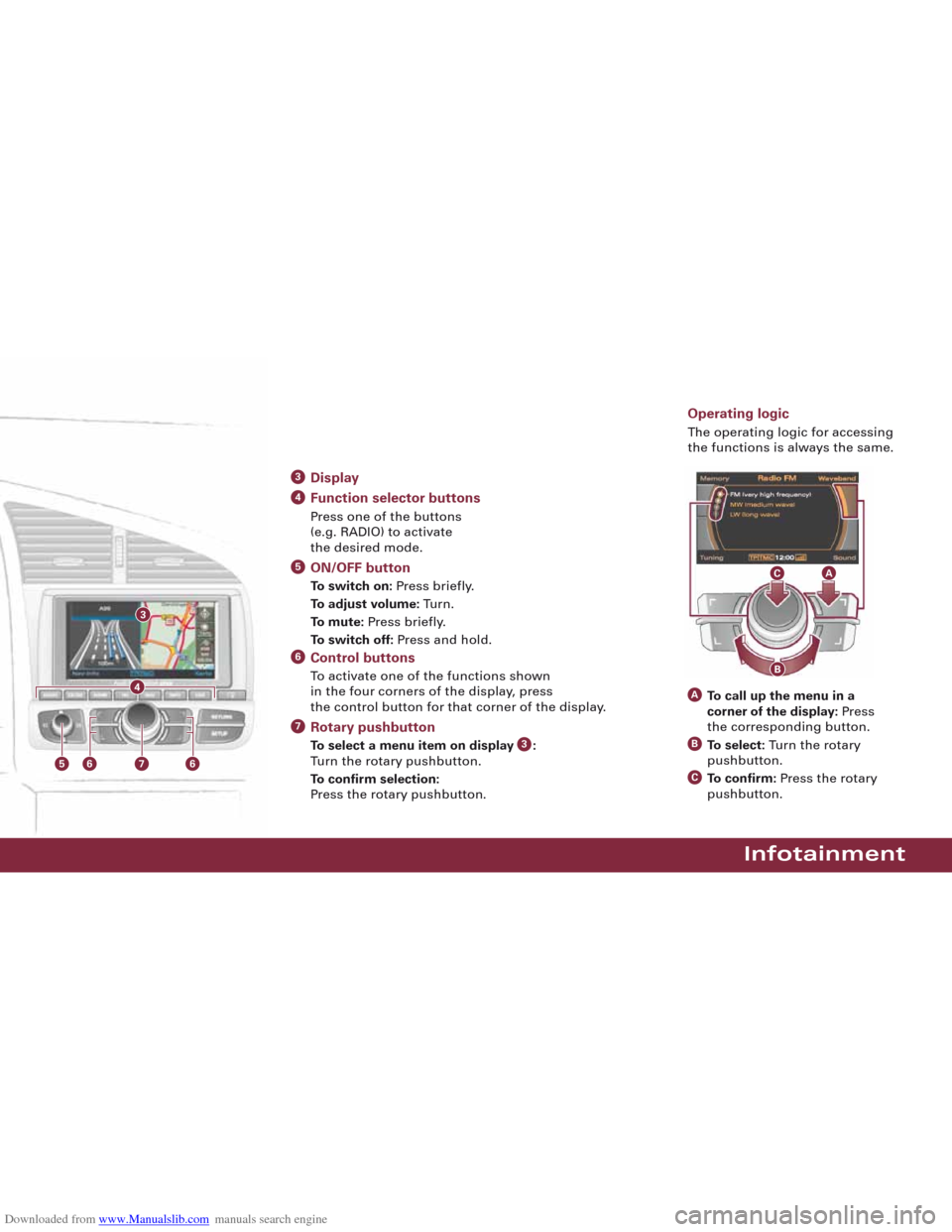 AUDI R8 2008 1.G Quick Reference Guide Downloaded from www.Manualslib.com manuals search engine 3
Infotainment
Display
Function selector buttons 
Press one of the buttons 
(e.g. RADIO) to activate 
the desired mode.
ON/OFF button
To switch