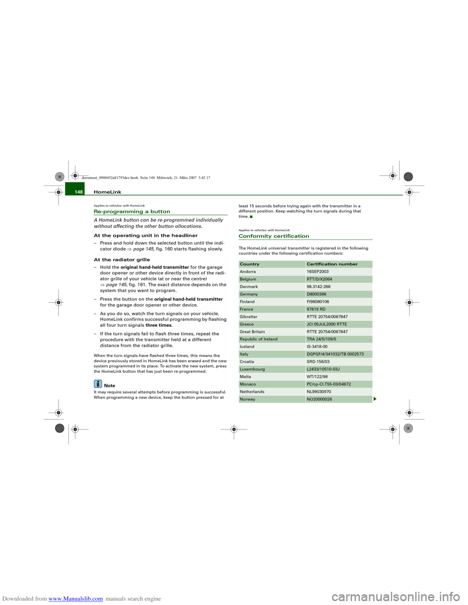AUDI S5 2008 8T / 1.G Owners Manual Downloaded from www.Manualslib.com manuals search engine HomeLink 148Applies to vehicles: with HomeLinkRe-programming a button
A HomeLink button can be re-programmed individually
without affecting th AUDI S5 2008 8T / 1.G Owners Manual Downloaded from www.Manualslib.com manuals search engine HomeLink 148Applies to vehicles: with HomeLinkRe-programming a button
A HomeLink button can be re-programmed individually
without affecting th