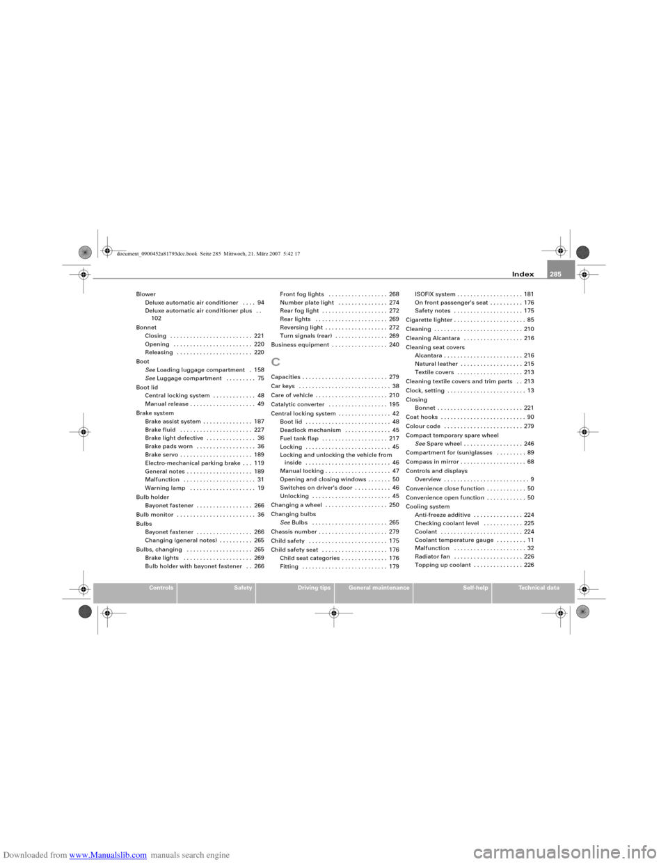AUDI S5 2008 8T / 1.G Repair Manual Downloaded from www.Manualslib.com manuals search engine Index285
Controls
Safety
Driving tips
General maintenance
Self-help
Technical data Blower
Deluxe automatic air conditioner  . . . . 94
Deluxe a
