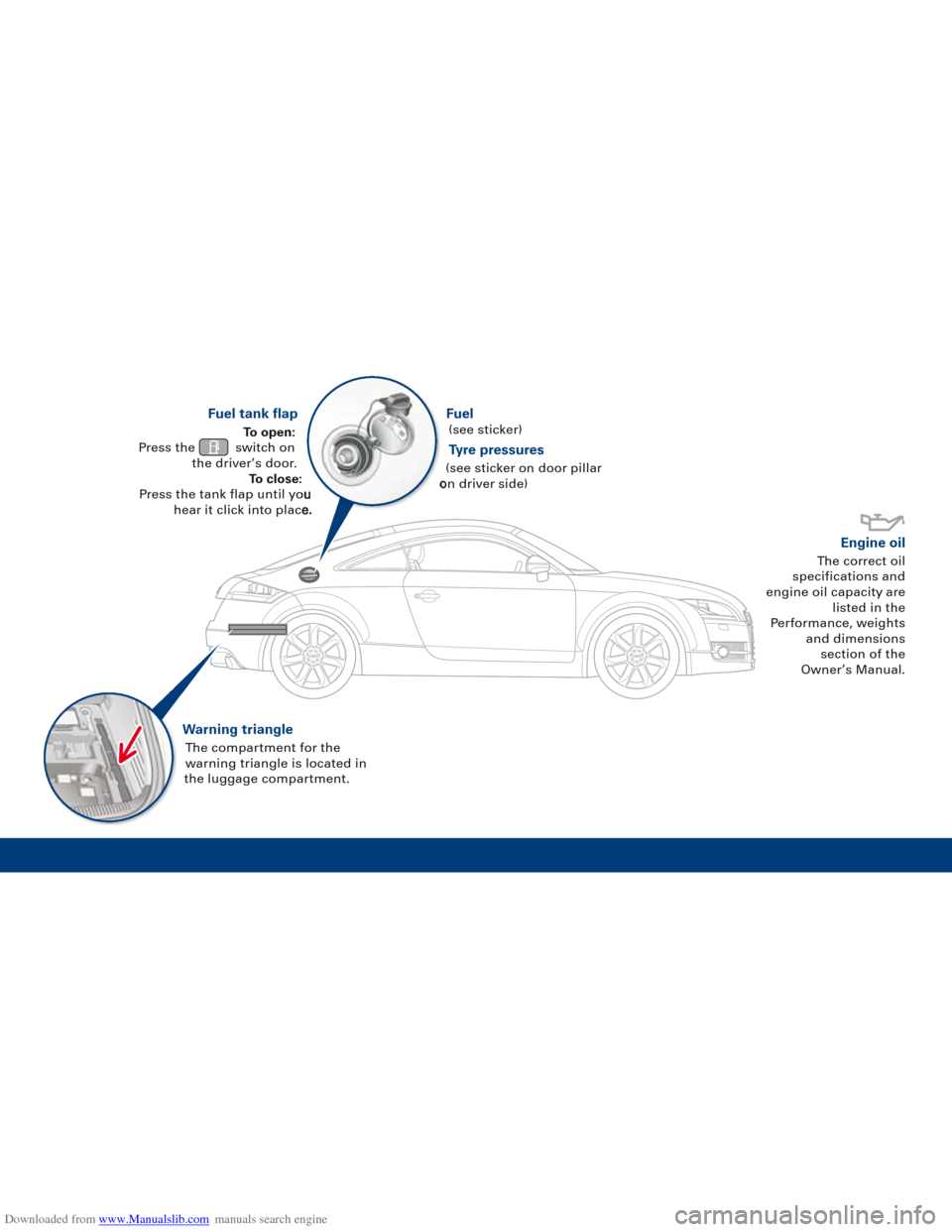AUDI TT 2010 8J / 2.G Quick Reference Guide Downloaded from www.Manualslib.com manuals search engine Fuel(see sticker)
Tyre pressures
(see sticker on door pillar
on driver side)
Fuel tank flap
To open:
Press the switch on the driver’s door AUDI TT 2010 8J / 2.G Quick Reference Guide Downloaded from www.Manualslib.com manuals search engine Fuel(see sticker)
Tyre pressures
(see sticker on door pillar
on driver side)
Fuel tank flap
To open:
Press the switch on the driver’s door