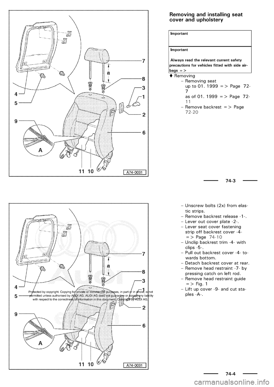 AUDI A3 2000 8L / 1.G General Body Assembly Interior Workshop Manual 