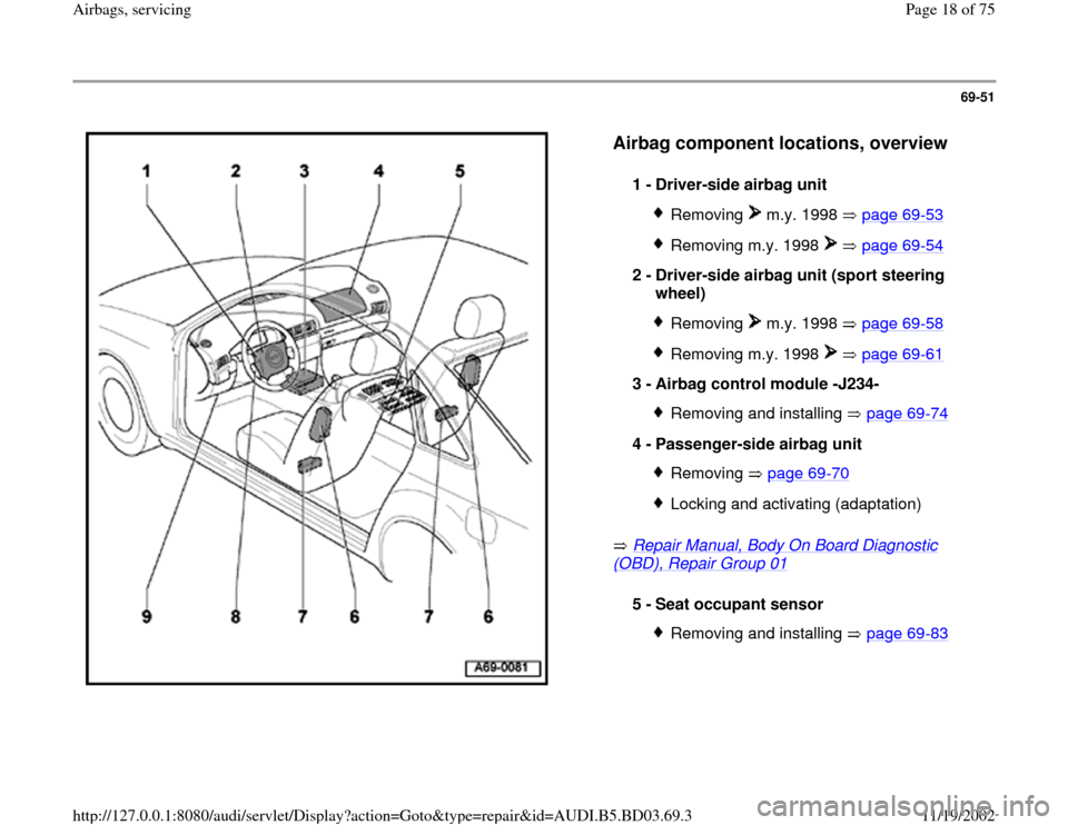 AUDI A4 1997 B5 / 1.G Airbag Service User Guide 69-51
 
  
Airbag component locations, overview
 
 Repair Manual, Body On Board Diagnostic 
(OBD), Repair Group 01
    1 - 
Driver-side airbag unit 
Removing  m.y. 1998   page 69
-53
Removing m.y. 199