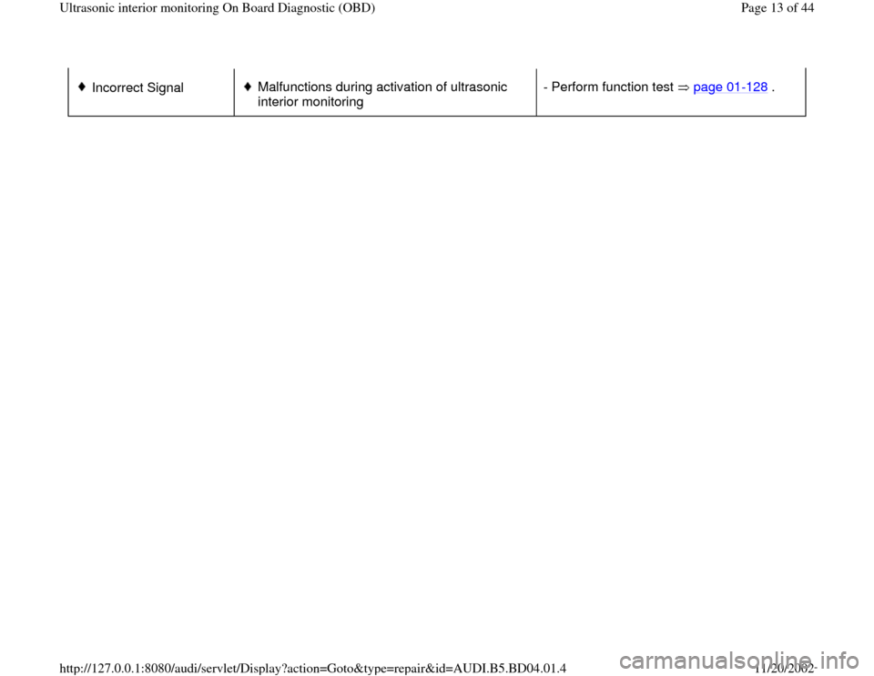 AUDI A4 1998 B5 / 1.G Interior Monitor User Guide  Incorrect Signal 
 
Malfunctions during activation of ultrasonic 
interior monitoring - Perform function test   page 01
-128
 .
Pa
ge 13 of 44 Ultrasonic interior monitorin
g On Board Dia
gnostic 
(O