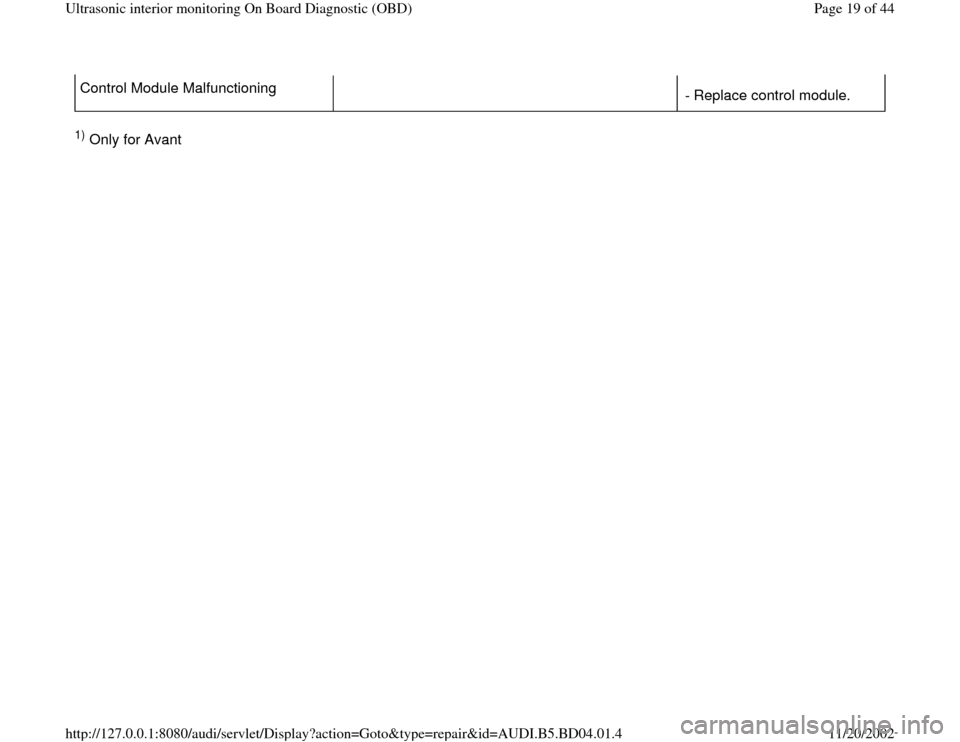 AUDI A4 1999 B5 / 1.G Interior Monitor User Guide Control Module Malfunctioning     
- Replace control module.1) Only for Avant  
Pa
ge 19 of 44 Ultrasonic interior monitorin
g On Board Dia
gnostic 
(OBD
)
11/20/2002 htt
p://127.0.0.1:8080/audi/servl