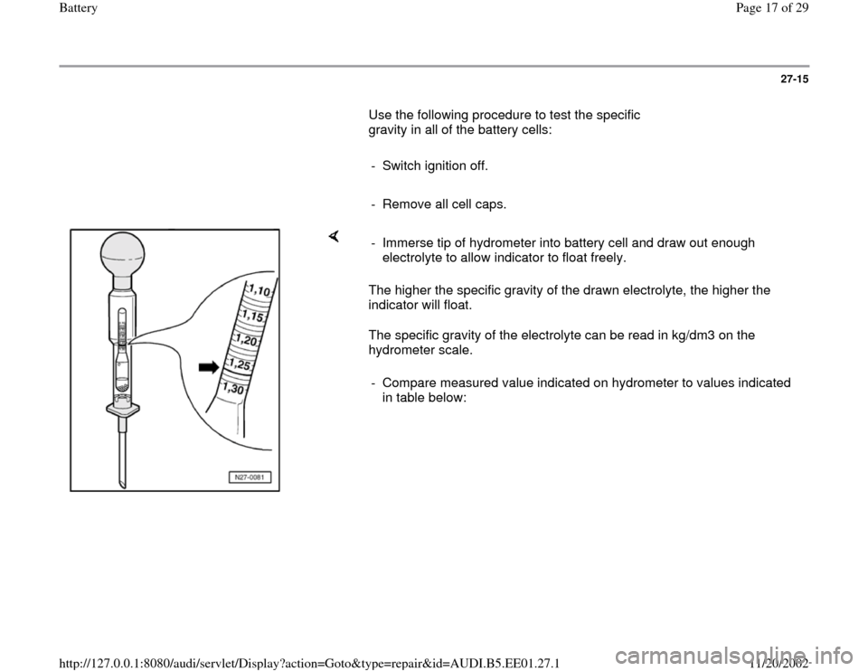 AUDI A4 1997 B5 / 1.G Battery Workshop Manual 27-15
       Use the following procedure to test the specific 
gravity in all of the battery cells:  
     
-  Switch ignition off.
     
-  Remove all cell caps. 
    
The higher the specific gravity