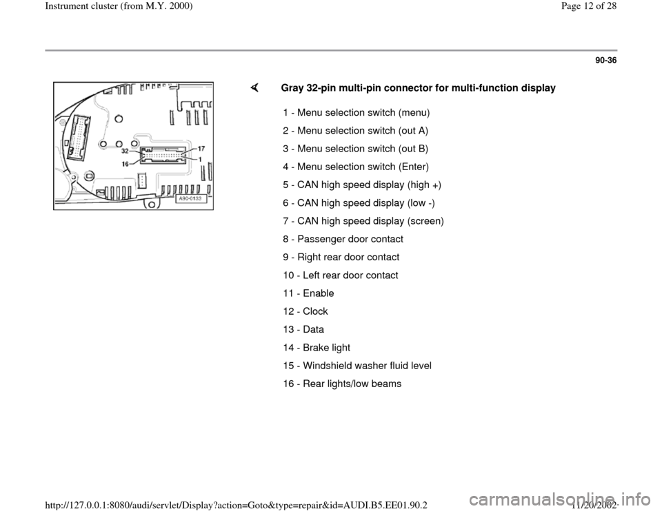 AUDI A4 2000 B5 / 1.G Instrument Cluster Location Diagram Through Model Year 2000 User Guide 90-36
 
    
Gray 32-pin multi-pin connector for multi-function display  
1 - Menu selection switch (menu)
2 - Menu selection switch (out A)
3 - Menu selection switch (out B)
4 - Menu selection switch