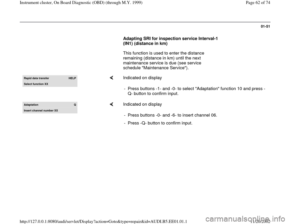 AUDI A4 2000 B5 / 1.G Instrument Cluster OBD From Model Year 1999 Repair Manual 01-51
      
Adapting SRI for inspection service Interval-1 
(IN1) (distance in km)  
      This function is used to enter the distance 
remaining (distance in km) until the next 
maintenance service 