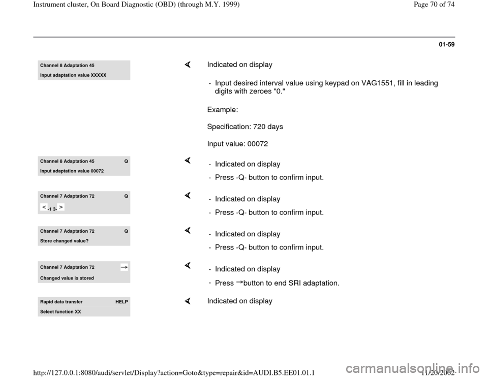 AUDI A4 2000 B5 / 1.G Instrument Cluster OBD From Model Year 1999 Repair Manual 01-59
 
Channel 8 Adaptation 45Input adaptation value XXXXX
    
Indicated on display  
Example:  
Specification: 720 days  
Input value: 00072  -  Input desired interval value using keypad on VAG1551