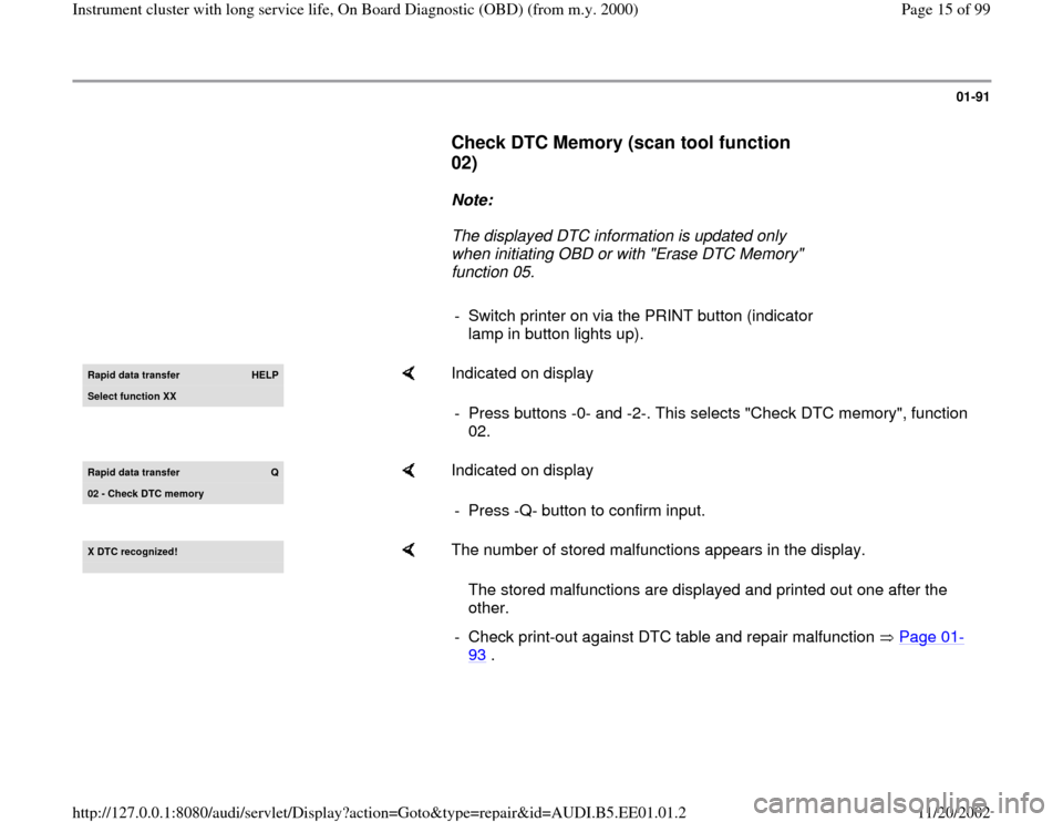 AUDI A4 2000 B5 / 1.G Instrument Cluster OBD From Model Year 2000 Workshop Manual 01-91
      
Check DTC Memory (scan tool function 
02)
 
     
Note:  
     The displayed DTC information is updated only 
when initiating OBD or with "Erase DTC Memory" 
function 05. 
     
-  Switch