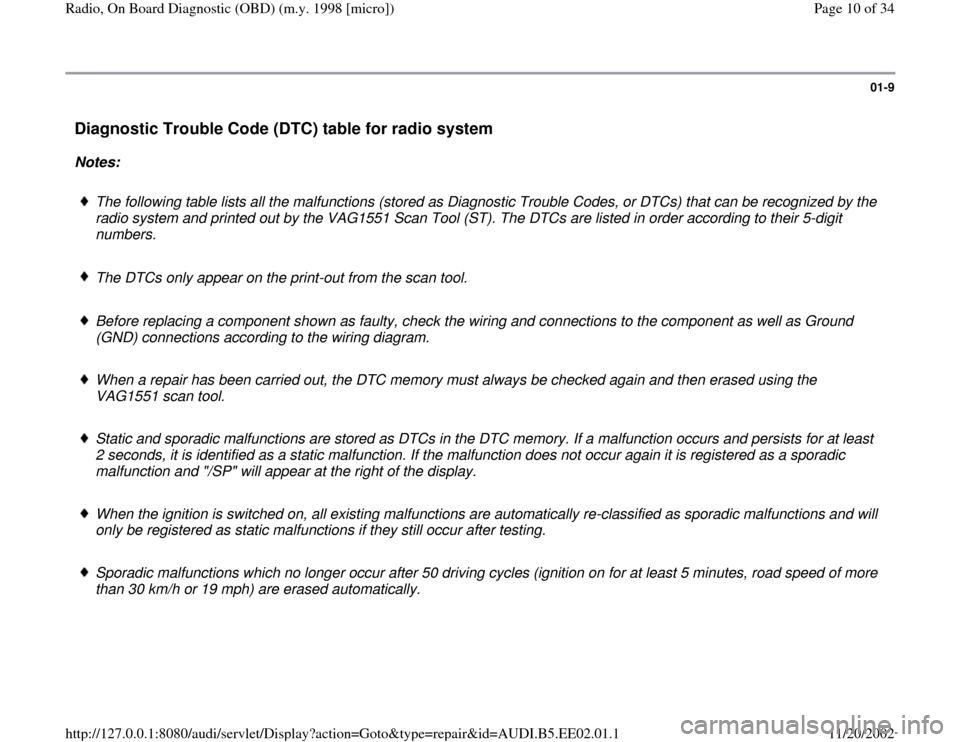 AUDI A4 2000 B5 / 1.G Radio OBD Workshop Manual 01-9
 Diagnostic Trouble Code (DTC) table for radio system
 
Notes:  
 
The following table lists all the malfunctions (stored as Diagnostic Trouble Codes, or DTCs) that can be recognized by the 
radi