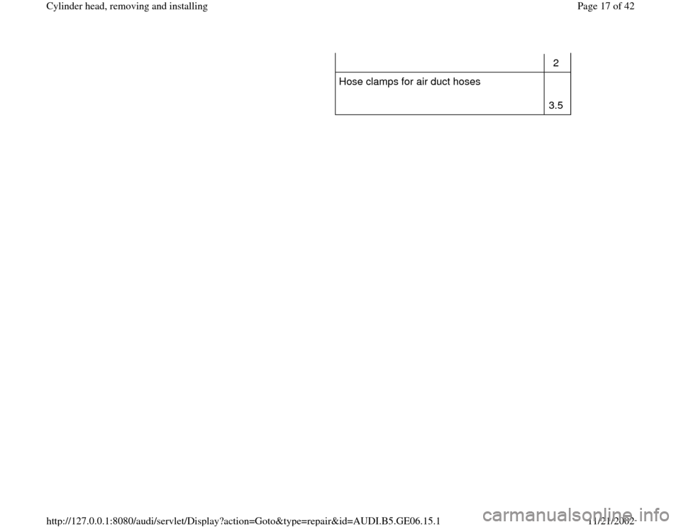 AUDI A4 2000 B5 / 1.G AWM Engine Cylinder Head Remove And Install User Guide 2  
Hose clamps for air duct hoses     
3.5  
Pa
ge 17 of 42 C
ylinder head, removin
g and installin
g
11/21/2002 htt
p://127.0.0.1:8080/audi/servlet/Dis
play?action=Goto&t
yp
e=re
pair&id=AUDI.B5.GE0