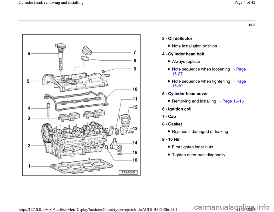 AUDI A4 1996 B5 / 1.G AWM Engine Cylinder Head Remove And Install Workshop Manual 15-3
 
  
3 - 
Oil deflector 
Note installation position
4 - 
Cylinder head bolt Always replaceNote sequence when loosening   Page 15
-27
 
Note sequence when tightening   Page 15
-30
 
5 - 
Cylinder 