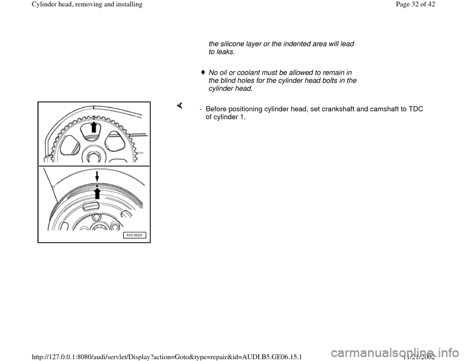 AUDI A4 2000 B5 / 1.G AWM Engine Cylinder Head Remove And Install Owners Guide the silicone layer or the indented area will lead 
to leaks. 
     No oil or coolant must be allowed to remain in 
the blind holes for the cylinder head bolts in the 
cylinder head. 
    
-  Before po