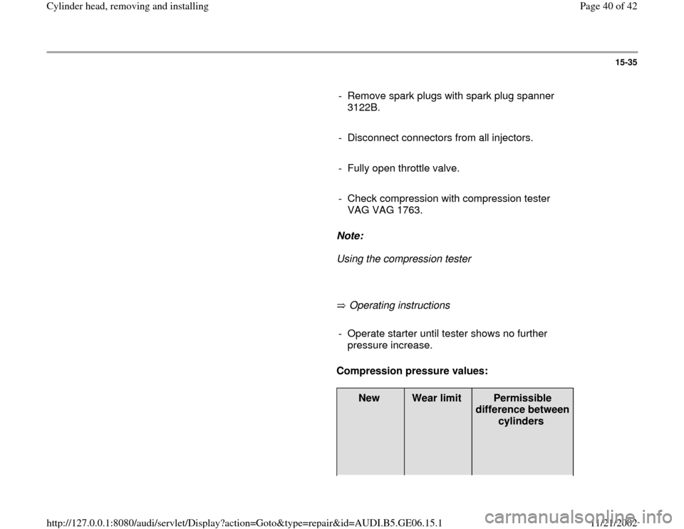 AUDI A4 1999 B5 / 1.G AWM Engine Cylinder Head Remove And Install Owners Guide 15-35
      
-  Remove spark plugs with spark plug spanner 
3122B. 
     
-  Disconnect connectors from all injectors.
     
-  Fully open throttle valve.
     
-  Check compression with compression t