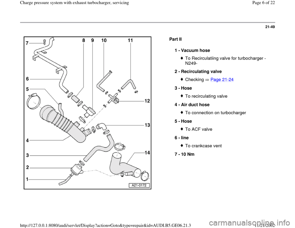 AUDI A4 1998 B5 / 1.G AWM Engine Charge Pressure System With Exhaust Turbocharger Workshop Manual 21-49
 
  
Part II  
1 - 
Vacuum hose 
To Recirculatiing valve for turbocharger -
N249- 
2 - 
Recirculating valve Checking  Page 21
-24
3 - 
Hose 
To recirculating valve
4 - 
Air duct hose To connecti