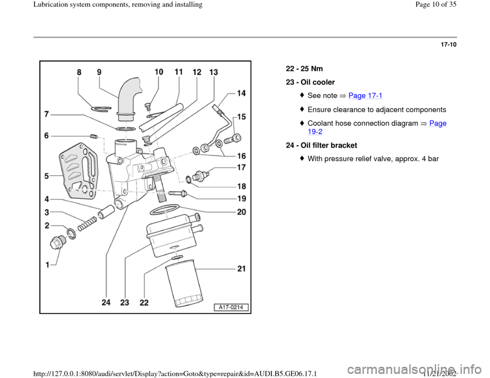 AUDI A4 1995 B5 / 1.G AWM Engine Lubrication System Components Workshop Manual 17-10
 
  
22 - 
25 Nm 
23 - 
Oil cooler 
See note   Page 17
-1
Ensure clearance to adjacent componentsCoolant hose connection diagram   Page 19
-2 
24 - 
Oil filter bracket 
With pressure relief valv