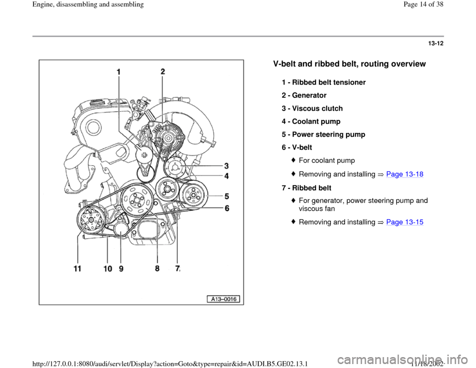 AUDI TT 2000 8N / 1.G AEB ATW Engines Engine Assembly Workshop Manual 13-12
 
  
V-belt and ribbed belt, routing overview
 
1 - 
Ribbed belt tensioner 
2 - 
Generator 
3 - 
Viscous clutch 
4 - 
Coolant pump 
5 - 
Power steering pump 
6 - 
V-belt 
For coolant pumpRemovin
