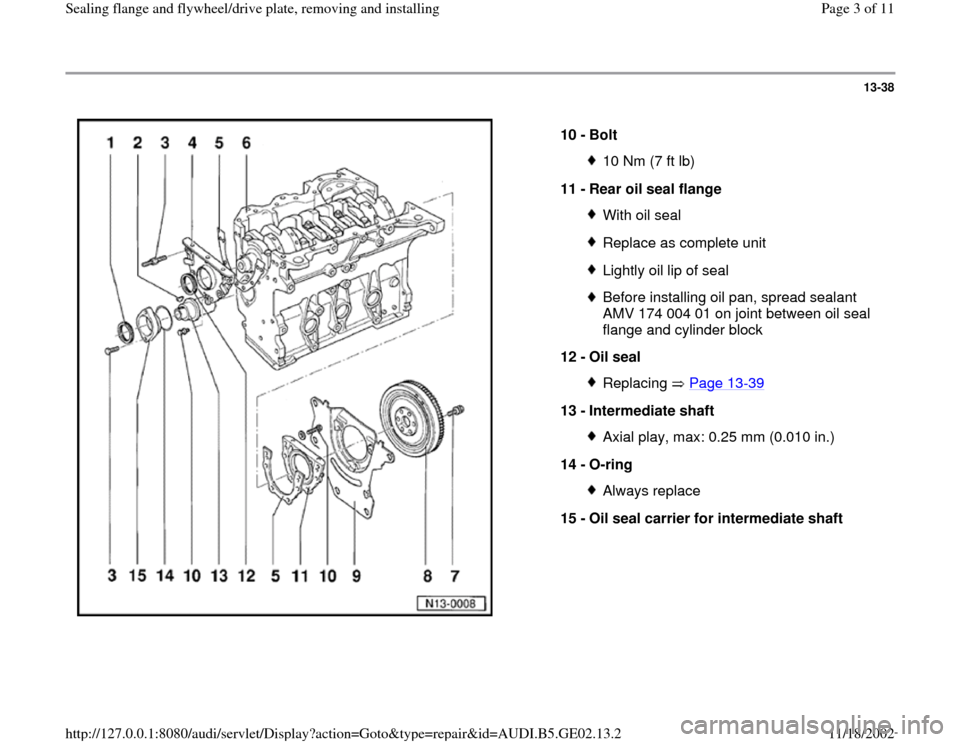 AUDI A4 1995 B5 / 1.G AEB ATW Engines Sealing Flanges And Flywheel Driveplate Workshop Manual 13-38
 
  
10 - 
Bolt 
10 Nm (7 ft lb)
11 - 
Rear oil seal flange With oil sealReplace as complete unitLightly oil lip of sealBefore installing oil pan, spread sealant 
AMV 174 004 01 on joint between