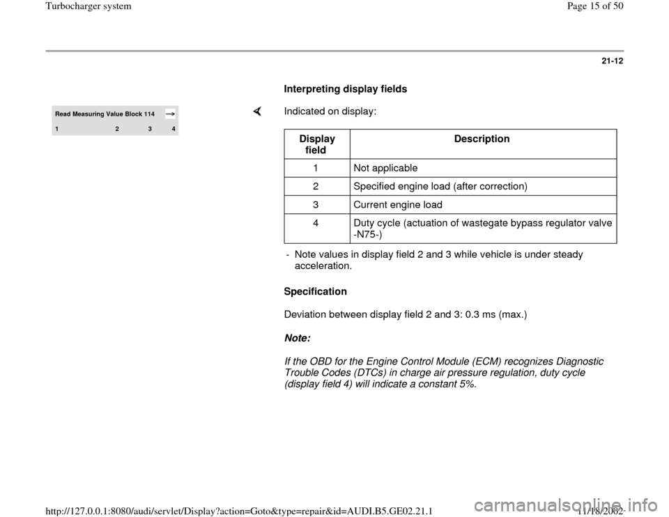 AUDI A6 1998 C5 / 2.G AEB ATW Engines Turbocharger System User Guide 21-12
      
Interpreting display fields  Read Measuring Value Block 114 1 
2 
3 
4
    
Indicated on display:  
Specification 
Deviation between display field 2 and 3: 0.3 ms (max.)  
Note:  
If the 