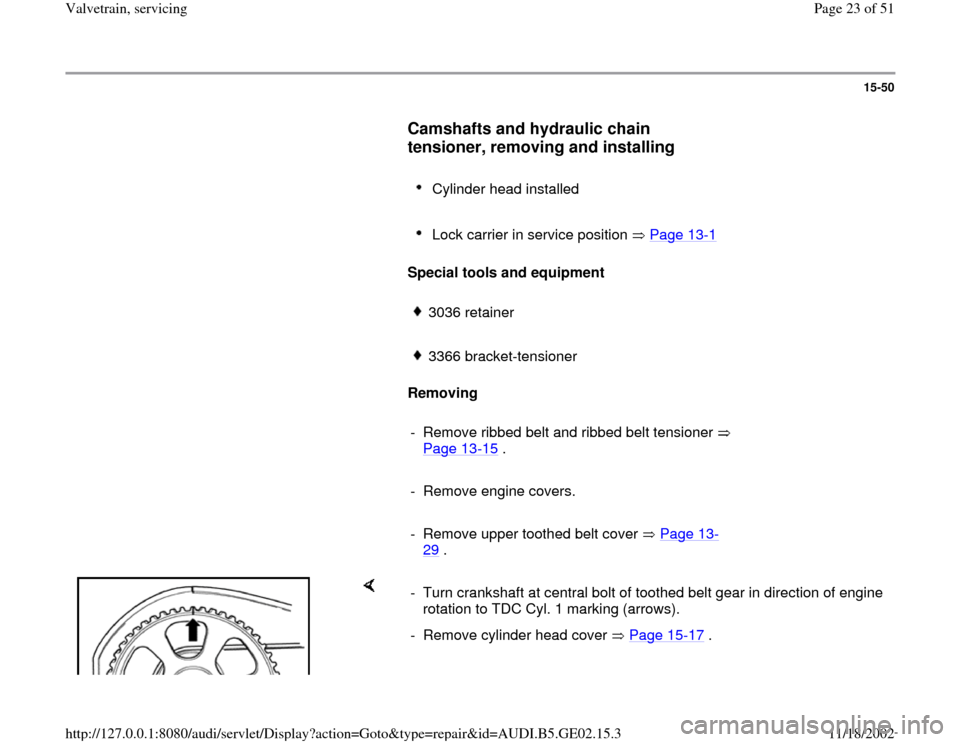 AUDI A6 1995 C5 / 2.G AEB ATW Engines Valvetrain Servicing Workshop Manual 15-50
      
Camshafts and hydraulic chain 
tensioner, removing and installing
 
     
Cylinder head installed 
     Lock carrier in service position   Page 13
-1 
     
Special tools and equipment  

