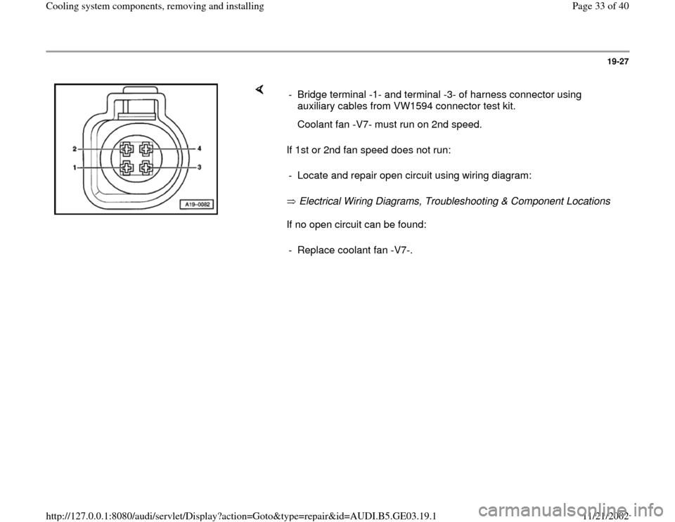 AUDI A6 1996 C5 / 2.G AHA ATQ Engines Cooling System Components Workshop Manual 19-27
 
    
If 1st or 2nd fan speed does not run:  
 Electrical Wiring Diagrams, Troubleshooting & Component Locations   
If no open circuit can be found:  -  Bridge terminal -1- and terminal -3- of 