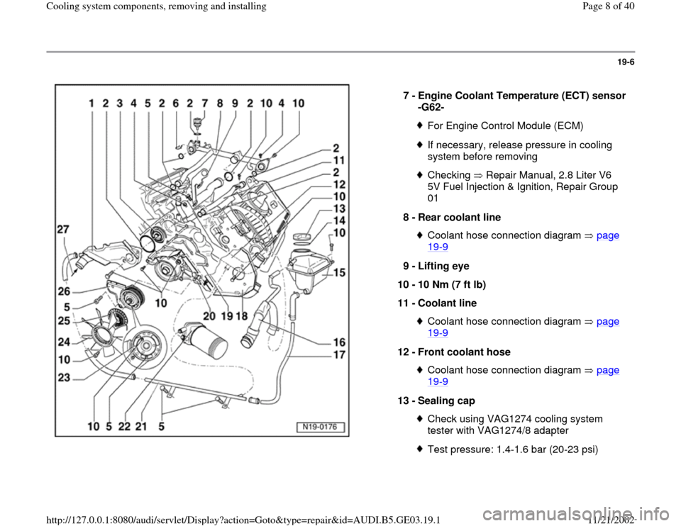 AUDI A4 1999 B5 / 1.G AHA ATQ Engines Cooling System Components Workshop Manual 19-6
 
  
7 - 
Engine Coolant Temperature (ECT) sensor 
-G62- 
For Engine Control Module (ECM)If necessary, release pressure in cooling 
system before removing Checking   Repair Manual, 2.8 Liter V6 

