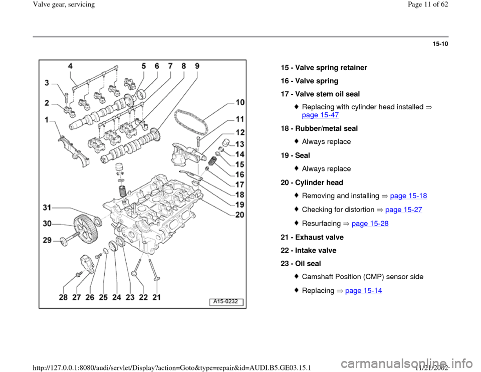 AUDI A4 1999 B5 / 1.G AHA ATQ Engines Valve Gear Service Manual 15-10
 
  
15 - 
Valve spring retainer 
16 - 
Valve spring 
17 - 
Valve stem oil seal 
Replacing with cylinder head installed   
page 15
-47
 
18 - 
Rubber/metal seal 
Always replace
19 - 
Seal Always