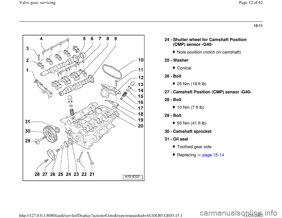 AUDI A6 1995 C5 / 2.G AHA ATQ Engines Valve Gear Service Manual 15-11
 
  
24 - 
Shutter wheel for Camshaft Position 
(CMP) sensor -G40- 
Note position (notch on camshaft)
25 - 
Washer Conical
26 - 
Bolt 25 Nm (18 ft lb)
27 - 
Camshaft Position (CMP) sensor -G40- 